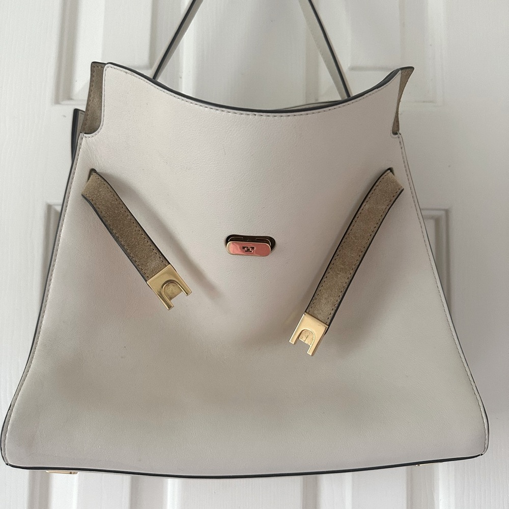 Tory Burch Lee Radziwill Tote Handbag Purse Bag Cream Leather Double Bag